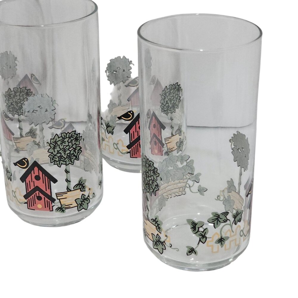 4 Corelle Garden Home Tumblers 6" glasses birdhouses birds 16oz country farmhous - Picture 2 of 5